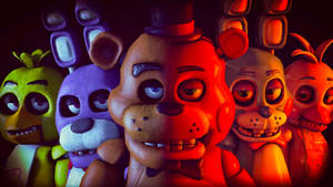 五個眼睛發光的電子動畫角色在昏暗的紅光中威脅地凝視著。