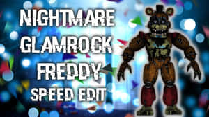 帶有故障文字和彩色紙屑背景的Nightmare Glamrock Freddy機械人。