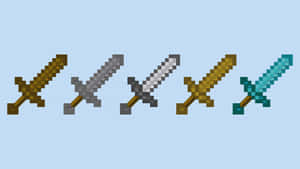 來自Minecraft的五把像素化劍，使用不同材料，置於淺藍色背景上。 — 最佳 Minecraft 壁紙