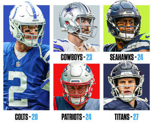 五位NFL四分衛身穿球隊裝備，顯示球隊名稱和得分。