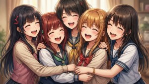 五位微笑的動畫女孩穿著校服在室內緊緊擁抱。 — 中野三玖 壁紙