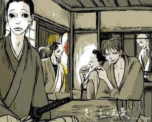 身穿傳統服飾的武士坐在寧靜的日本茶室中，桌上放著一把武士刀。
