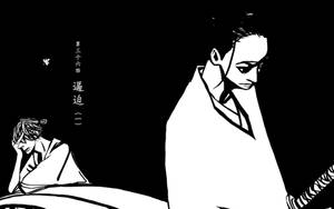 兩個動畫角色，一個持劍站立，另一個絕望地坐在黑暗背景前。