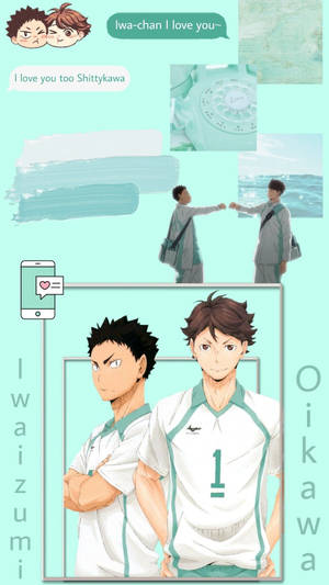 動漫排球運動員 Iwaizumi 和 Oikawa 帶有愛情訊息和青綠色調。