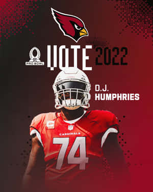 身穿紅雀隊球衣的足球員D.J. Humphries宣傳2022年職業碗投票。