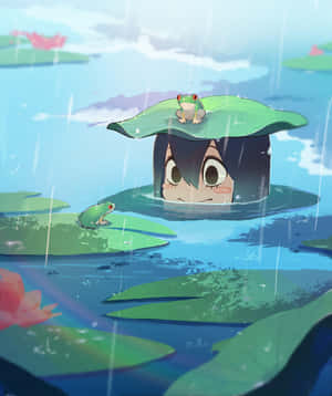 黑髮動漫女孩從睡蓮葉下的水中探出頭來，與青蛙一起在雨中。 — 我的英雄學院 壁紙
