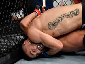 MMA拳手在八角籠內對對手施展鎖喉。