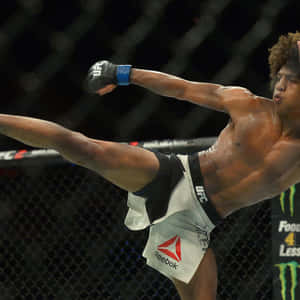 MMA拳手在UFC八角籠中踢腿，身穿Reebok短褲及Monster Energy品牌標誌。