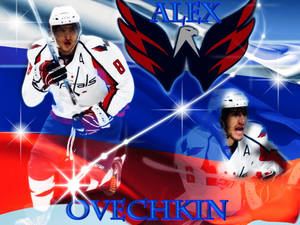 Alex Ovechkin 穿著華盛頓首都隊制服，帶有球隊標誌和愛國色彩。