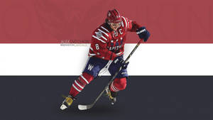 冰球運動員 Alex Ovechkin 身穿紅色 Capitals 制服，手持球桿滑冰。