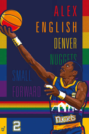 籃球運動員 Alex English 身穿丹佛金塊隊制服，投出帶有彩虹點綴的球。