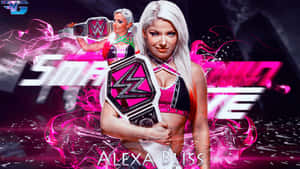 WWE摔角手Alexa Bliss手持帶有粉紅能量效果的冠軍腰帶。