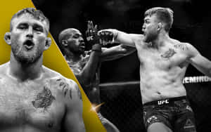 三名男性MMA拳手在戲劇性燈光下，帶有紋身和UFC裝備進行搏鬥。