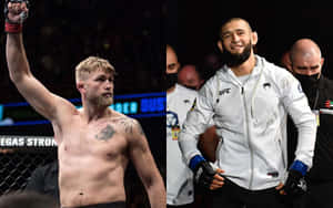 兩名男性MMA拳手，一名在八角籠內慶祝勝利，另一名穿著白色連帽衫微笑。