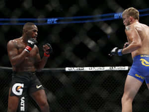 兩名身穿格鬥裝備的男性MMA拳手在UFC比賽期間於八角籠內對峙。