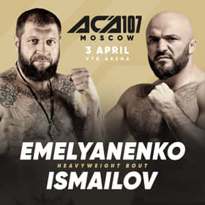 兩名肌肉發達的MMA拳手Emelyanenko和Ismailov在ACA 107莫斯科的宣傳海報中。