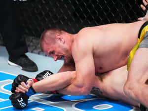 兩名MMA拳手在八角籠內的藍色UFC墊上激烈纏鬥。