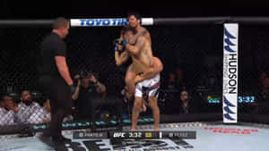兩名MMA拳手在UFC比賽中於八角籠內進行纏抱。