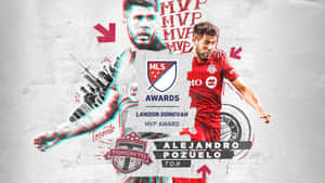 MLS MVP獎圖形，展示Landon Donovan和Alejandro Pozuelo的動作姿勢。