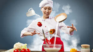 廚師在魔法廚房場景中拋灑麵粉和牛奶及蔬菜。