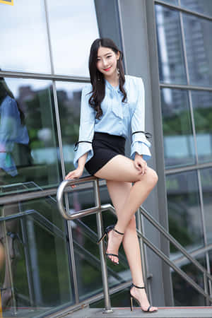 身穿藍色襯衫和黑色裙子的女性在玻璃建築欄杆上擺姿勢。 — 模特兒 GIF 壁紙