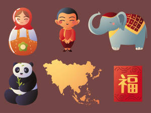 代表亞洲文化的可愛卡通圖標，包括熊貓、大象和漢字。 — 唐人街 GIF 壁紙