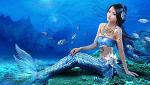 一條擁有藍色鱗片尾巴的美人魚坐在珊瑚礁上，熱帶魚在她周圍游動。