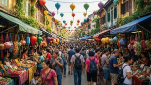 擁擠的街市，掛著彩色燈籠，購物者在瀏覽攤位。