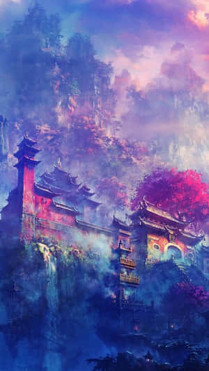 暮色中霧氣繚繞的山崖上的古寺，帶有鮮豔的紫色和粉紅色調。 — 亞洲 壁紙