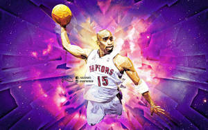 身穿Raptors球衣的籃球運動員持球跳躍，背景為宇宙。