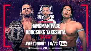 三位摔角手在AEW Dynamite的宣傳圖中，帶有冠軍腰帶和廣播資訊。