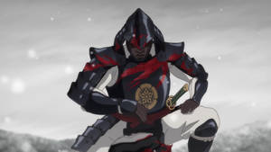 身穿黑紅鎧甲的武士跪在雪地上手持一把刀。 — 日本武士 壁紙