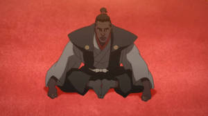 穿著傳統長袍的動漫戰士跪在紅色地板上，表情嚴肅。 — 幽遊白書 GIF 壁紙