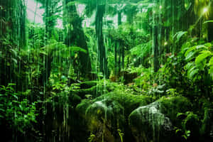 雨水穿過充滿活力的室內叢林，其中有長滿苔蘚的岩石和蕨類植物。