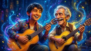 兩位微笑的音樂家在夜晚被發光的魔法漩渦包圍著彈結他。