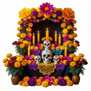 色彩繽紛的亡靈節祭壇，裝飾有骷髏頭、鮮花和蠟燭。