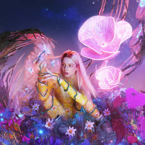 一位身穿花卉圖案服裝的女子在星空下被發光的花朵包圍。