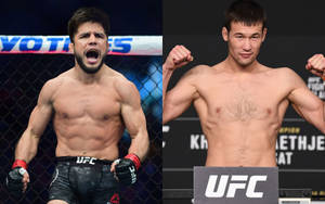 兩名赤裸上身的男性MMA拳手擺姿勢，一人在八角籠中咆哮，另一人在稱重時展示肌肉。