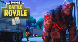 一個穿著迷彩裝備嘅Fortnite Battle Royale角色帶有發光橙色點綴，喺暮色中靠近一架貨車。