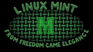 帶有編織綠色紋理和標語「從自由中誕生優雅」的 Linux Mint 標誌。