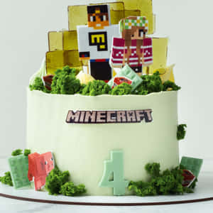 用於生日的Minecraft蛋糕，帶有角色和方塊。 — 生日蛋糕 壁紙