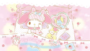 My Melody 同朋友喺一個粉紅色、充滿玫瑰嘅睡房入面瞓覺。
