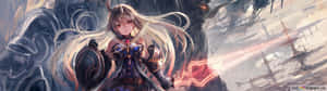 動漫戰士在戰鬥場景中手持發光劍，背景有戰艦和烏雲。 — 靚靚動畫 壁紙