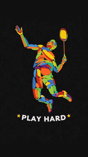 色彩繽紛的插圖羽毛球運動員跳起，手持球拍，並帶有文字 play hard。