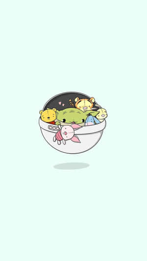 可愛卡通角色在薄荷色背景上的漂浮碗中。 — 寶寶尤達 壁紙