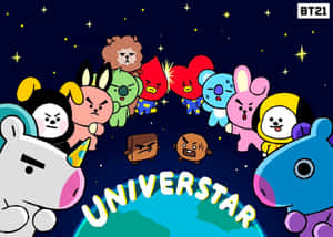 BT21角色在太空圍繞行星，帶有'UNIVERSTAR'文字。