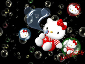 Hello Kitty 在充滿彩色泡泡的玩樂場景中吹泡泡。
