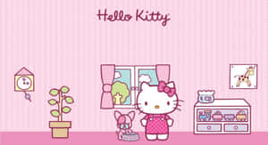 Hello Kitty 喺粉紅色房間，有玩具同窗戶，窗外有樹同雲。