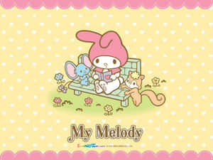 My Melody 同動物朋友喺長凳上睇書，有花同心心圖案。