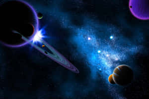 深空中色彩繽紛的行星和發光星雲的充滿活力的宇宙場景。